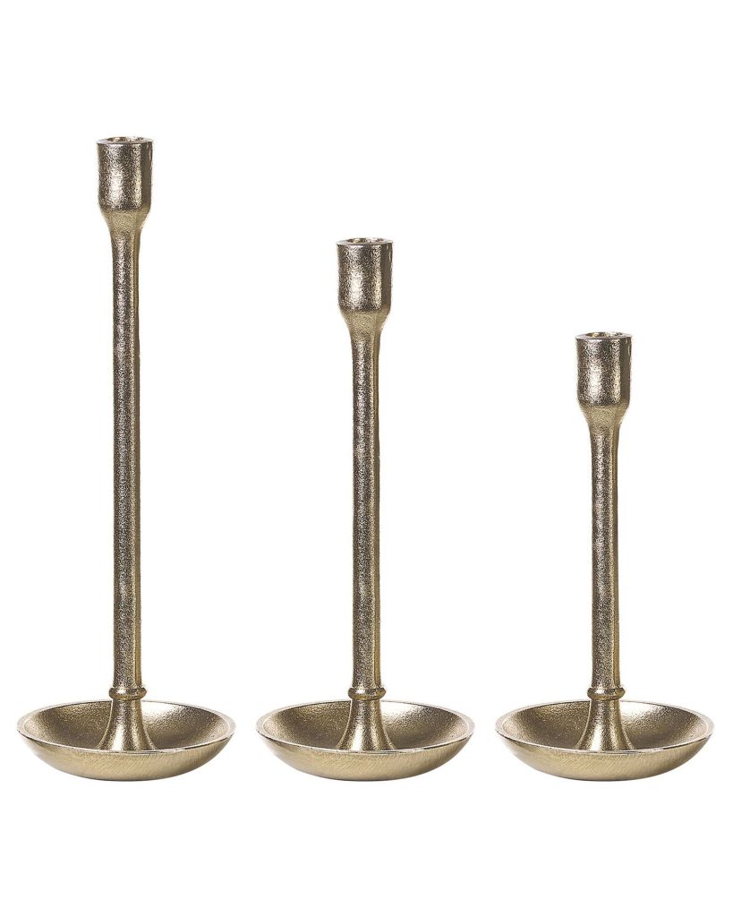 Zestaw 3 świeczników LIWUNG Metal 27/33/38 cm Złoty